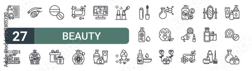 set of 27 thin line beauty industry icons for web, mobile and digital interfaces including certificate, production line, eyelashes, company, powder, gifts, soap, fragance and advertising. editable