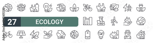 set of 27 thin line ecology icons for web, mobile and digital interfaces including technology, bicycling, power control, solar panel, package, electricity, power, gardening and eco fuel. editable
