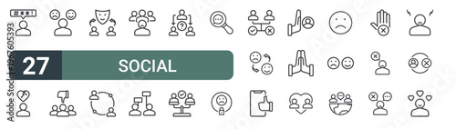 set of 27 thin line social relationship icons for web, mobile and digital interfaces including abuse, broken heart, mood, dislike, fake, link, discrimination, protest and choice. editable stroke
