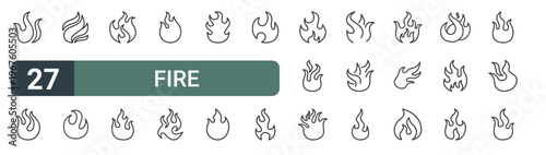 set of 27 thin line fire icons for web, mobile and digital interfaces including fire flames, fire flames, flames, and editable stroke vector
