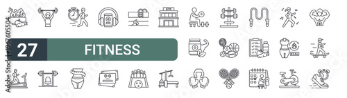 set of 27 thin line fitness training icons for web, mobile and digital interfaces including healthy food, treadmill, weightlifting, bench press, stopwatch, weight loss, music, fitness and swimming