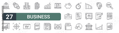 set of 27 thin line business icons for web, mobile and digital interfaces including teamwork, presentation business, management, target, office building, candlestick, pos terminal, candlestick and