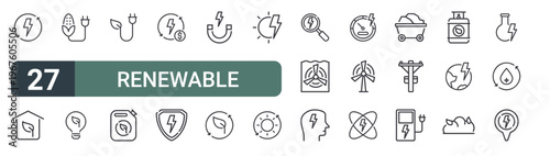 set of 27 thin line renewable energy icons for web, mobile and digital interfaces including renewable energy, house, biomass, light bulb, green energy, biofuel, money, save and magnet. editable