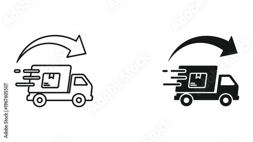 Black and white delivery truck icons with arrows indicating movement