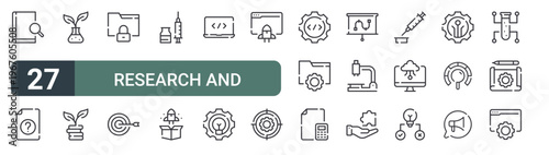 set of 27 thin line research and development icons for web, mobile and digital interfaces including research, question, gmo, investment, confidential data, target, vaccine, product release and