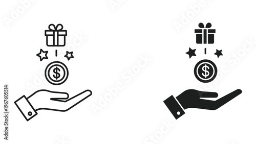 Black and white icons of hands receiving gifts and money on white background