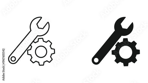Black and white line icons of wrenches with gear wheels for mechanics or tools