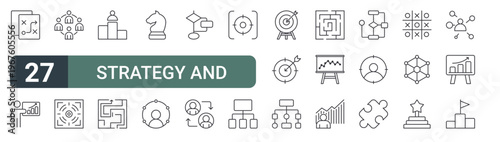 set of 27 thin line strategy and target icons for web, mobile and digital interfaces including strategy, presentation, team, target, rank, maze, chess, target and flow chart. editable stroke vector
