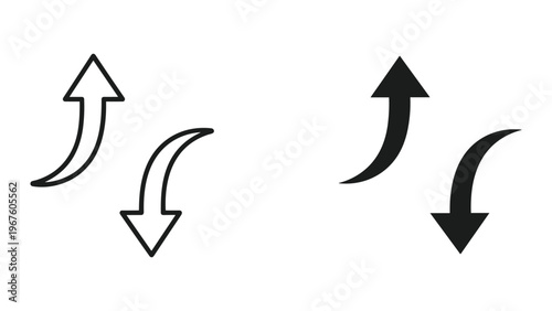 Black and white curved arrow icons for up and down directions isolated on white background