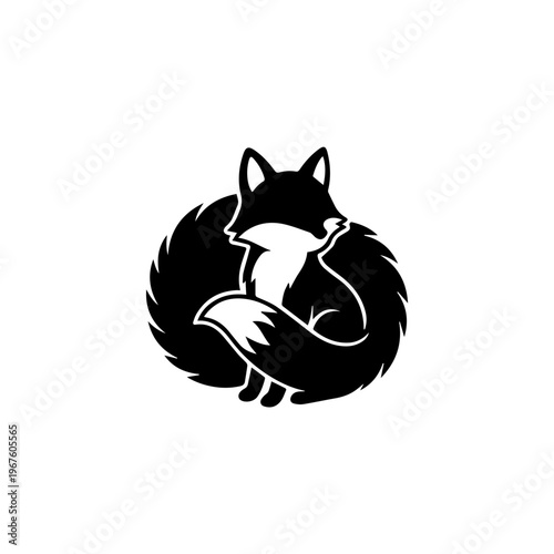 Black and White Fox Illustration Curled Up.
