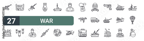 set of 27 thin line war icons for web, mobile and digital interfaces including artillery, explosion, battlefield, nuclear bomb, assault rifle, wounded, nuclear bomb, missile rocket and submarine.