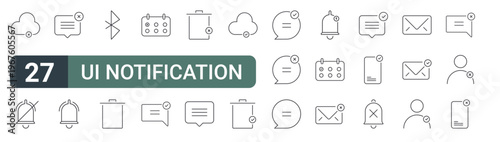 set of 27 thin line ui notification icons for web, mobile and digital interfaces including cloud, notification bell, message, notification bell,, dustbin, calendar, message and dustbin. editable