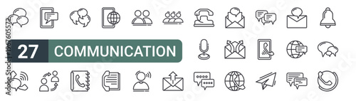 set of 27 thin line communication icons for web, mobile and digital interfaces including chat bubble, calling, mobile message, conversation, chat bubble, contact book, mobile network, phonebook and