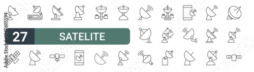 set of 27 thin line satelite icons for web, mobile and digital interfaces including satellite dish, satellite, satellite dish, dish, and editable stroke vector