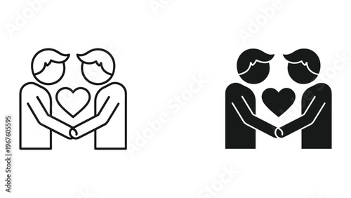 Black and white line icons of two people holding a heart together in love