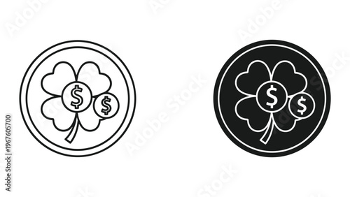 Black and white line icons of four leaf clover with dollar signs on coins