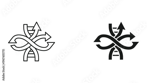 Black and white line art of intertwined arrows and letters in a decorative symbol isolated on white background