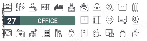 set of 27 thin line office icons for web, mobile and digital interfaces including cabinet, dvd, control, desk, work in progress, office, office, phone and workplace. editable stroke vector