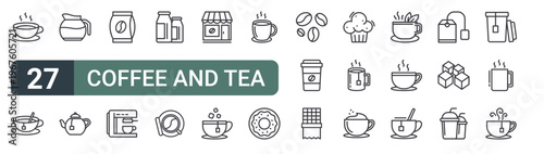 set of 27 thin line coffee and tea icons for web, mobile and digital interfaces including coffee cup, tea cup, kettle, tea kettle, coffee bag, hine, milk bottle, cup and shop. editable stroke vector