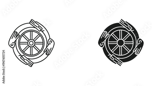 Black and white illustrations of a wheel with hands holding it