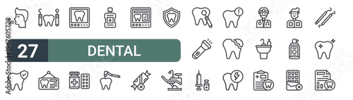 set of 27 thin line dental icons for web, mobile and digital interfaces including bad breath, dental care, dentist tools, dental clinic, x ray, medicine, mouthwash, drill and scan. editable stroke