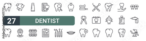 set of 27 thin line dentist icons for web, mobile and digital interfaces including clean teeth, cracked tooth, tooth cleaning, dental location, toothpaste, braces, dental app, dental files and