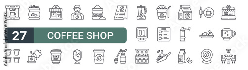 set of 27 thin line coffee shop icons for web, mobile and digital interfaces including coffee hine, coffee pods, bag, service, shop, take out, barista, frappe and sugar. editable stroke vector