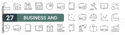set of 27 thin line business and data icons for web, mobile and digital interfaces including factory, pie chart, chart, briefcases, books, book, newspaper, music book and pie chart. editable stroke