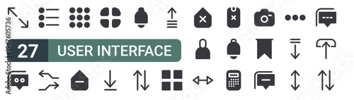 set of 27 thin line user interface icons for web, mobile and digital interfaces including arrow button, chat, main menu, arrows, main menu, home, main menu, arrow button and bell. editable stroke