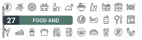 set of 27 thin line food and beverage icons for web, mobile and digital interfaces including gluten free, cocktails, mediteranean, desserts, pizza, grilling, bar, cooking and alcohol. editable
