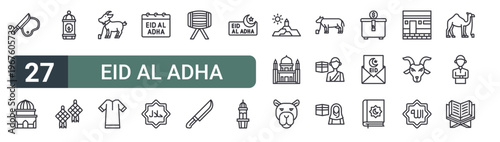 set of 27 thin line eid al adha icons for web, mobile and digital interfaces including butcher, mosque, lantern, ketupat, goat, clothes, calendar, halal and bedug. editable stroke vector