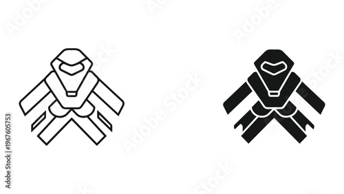 Black and white ninja mask and crossed swords icon set on white background