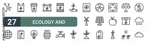 set of 27 thin line ecology and environment icons for web, mobile and digital interfaces including molecular, globe, plastic bag, ecology book, cup, eco bulb, accumulator, gas cylinder and barrel.