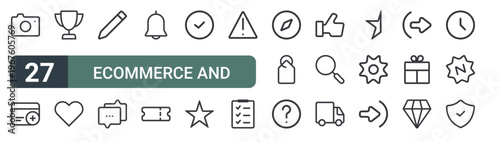 set of 27 thin line ecommerce and shopping icons for web, mobile and digital interfaces including camera, credit card, trophy, love, pen, chat, notification, coupon and check. editable stroke vector