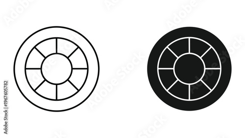 Black and white circular pie chart icons with multiple sections on white background