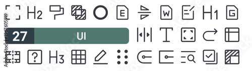 set of 27 thin line ui icons for web, mobile and digital interfaces including full screen, movie, h, help, brush, h, exclude, grid and dot. editable stroke vector