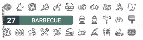 set of 27 thin line barbecue icons for web, mobile and digital interfaces including sausage, sausage, apron, sauce, grill, mushroom, matches, spatula and steak. editable stroke vector