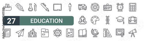 set of 27 thin line education icons for web, mobile and digital interfaces including pencil case, test, highlighter, paper plane, flask, school, fountain pen, folder and blackboard. editable stroke