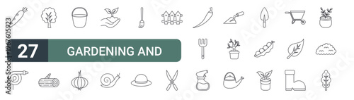 set of 27 thin line gardening and farming icons for web, mobile and digital interfaces including carrot, hose, tree, wood, bucket, onion, seed, snail and broom. editable stroke vector
