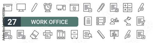 set of 27 thin line work office supply icons for web, mobile and digital interfaces including box, remove, computer, locked, digital, eraser, clock, printer and computer. editable stroke vector