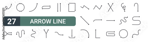 set of 27 thin line arrow line icons for web, mobile and digital interfaces including up arrow, arrow, circle arrows, arrows, zig zag line, reload, arrows and editable stroke vector
