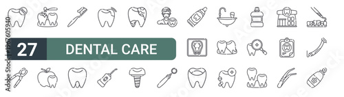 set of 27 thin line dental care icons for web, mobile and digital interfaces including no sweet, forceps, dental cleaning, nutrition, toothbrush, molar, cavity, dental irrigator and infection.