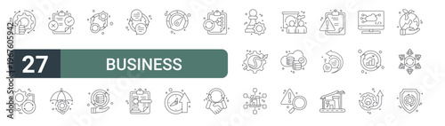 set of 27 thin line business continuity icons for web, mobile and digital interfaces including reliability, operations, testing, mitigation, adaptation, recovery, communication, compliance and