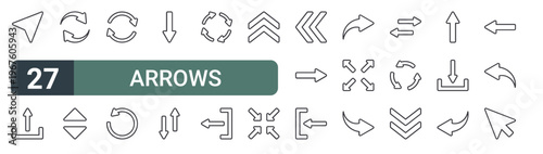 set of 27 thin line arrows icons for web, mobile and digital interfaces including navigation, upload, exchange, sort, reload, reload, down arrow, sort and reloading. editable stroke vector