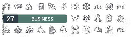 set of 27 thin line business management icons for web, mobile and digital interfaces including communication, risk management, training, leadership, performance, operation management, perfore, lean