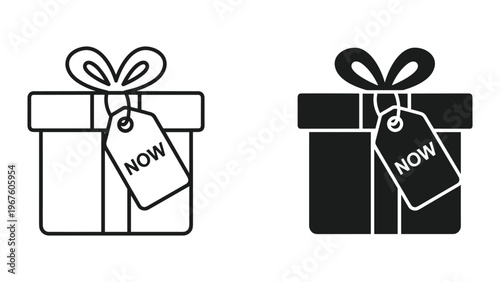 Black and white gift boxes with now tags on white background