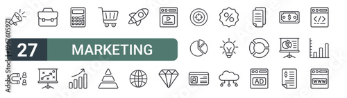 set of 27 thin line marketing icons for web, mobile and digital interfaces including megaphone, attraction, briefcase, strategic plan, calculator, growth, shopping cart, pyramid and startup.