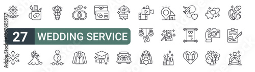 set of 27 thin line wedding service icons for web, mobile and digital interfaces including flower, celebration, stationery, dance, bouquet, timeline, wedding rings, suit and invitation. editable