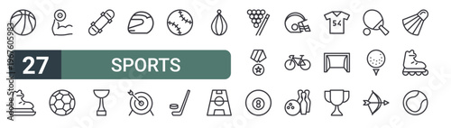 set of 27 thin line sports icons for web, mobile and digital interfaces including basket ball, skate, gym, soccer ball, skate, cup, helmet, archery and baseball. editable stroke vector