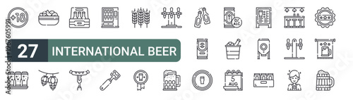 set of 27 thin line international beer day icons for web, mobile and digital interfaces including, beers, chips, hop, beer box, sausage, vending hine, bottle opener and wheat. editable stroke vector